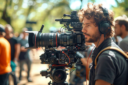 Focused Film Director Working on Movie Set with Professional Camera and Crew, a Photo by AS photostudio