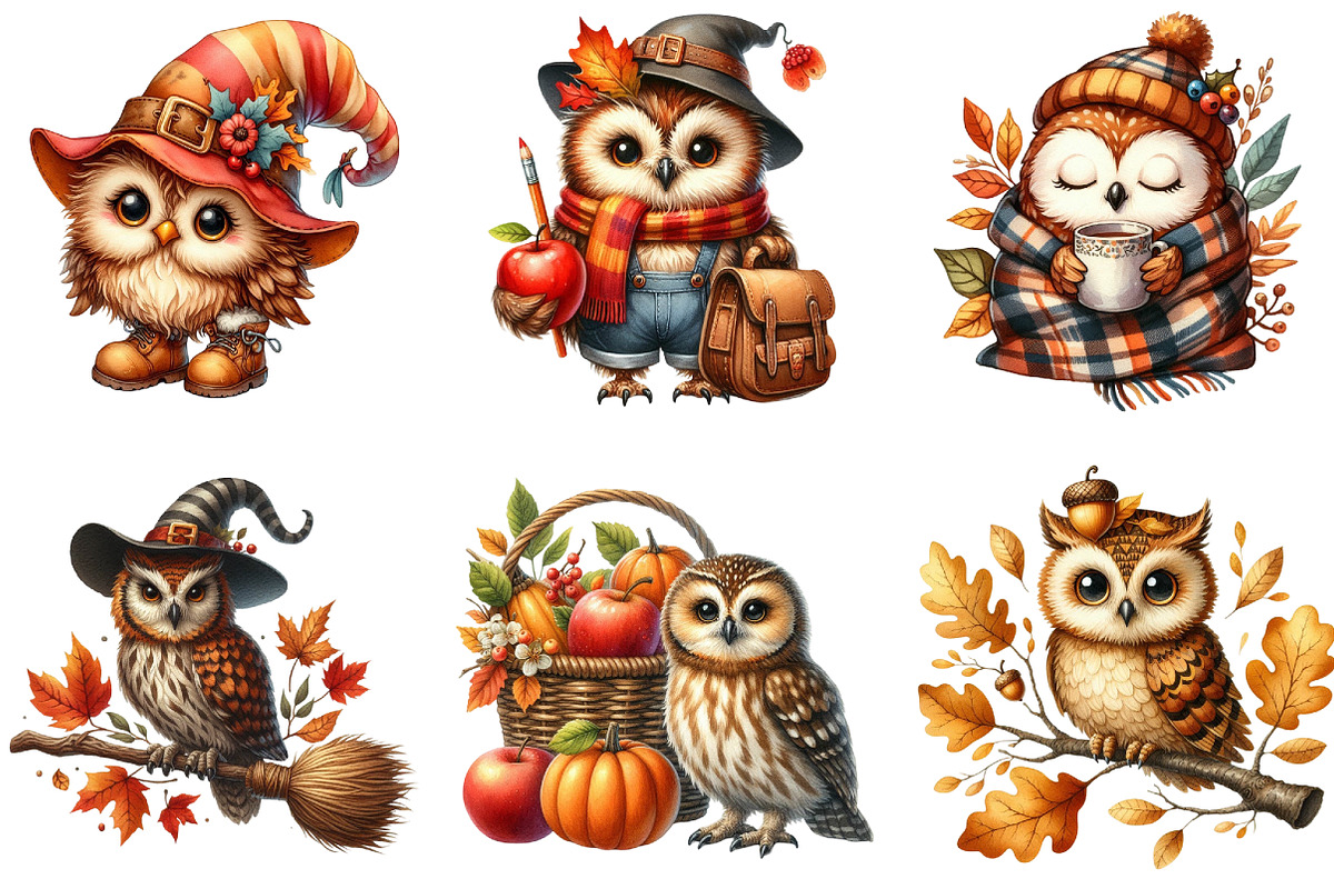Watercolor Autumn Owl Clipart Bundle, a Seasonal Illustration by DreamArtGraphic (Photo 2 of 4)