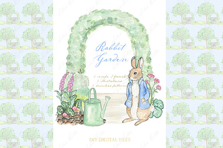 Rabbit Garden Watercolor Clipart, a Graphic by LABFcreations