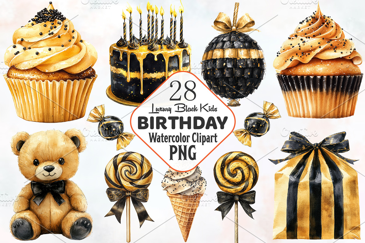 Luxury Black Kids Birthday Clipart, an Illustration by RobertsArt (Photo 1 of 7)