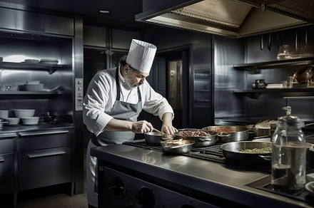 Professional chef cooking on restaurant kitchen, a Photo by Dvoevnore photos