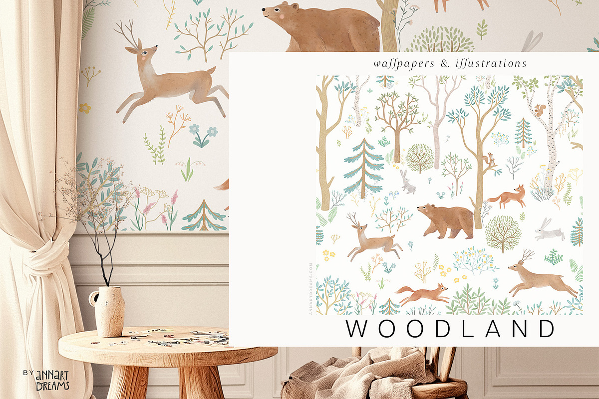 WOODLAND. Wall mural in color, an Animal Illustration by annartdreams (Photo 1 of 7)