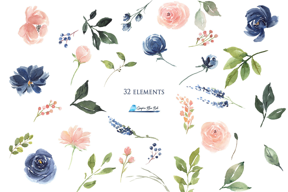 Blush and Blue Watercolor Flowers, an Illustration by Graphic Blue Bird (Photo 5 of 9)