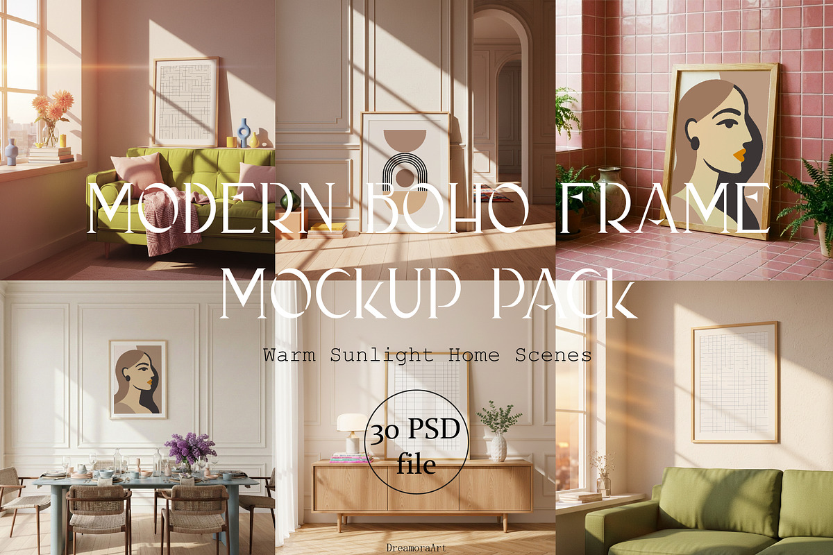 Modern Boho Frame Mockup Pack 30 PSD, a Mockup by DreamoraArt (Photo 1 of 7)