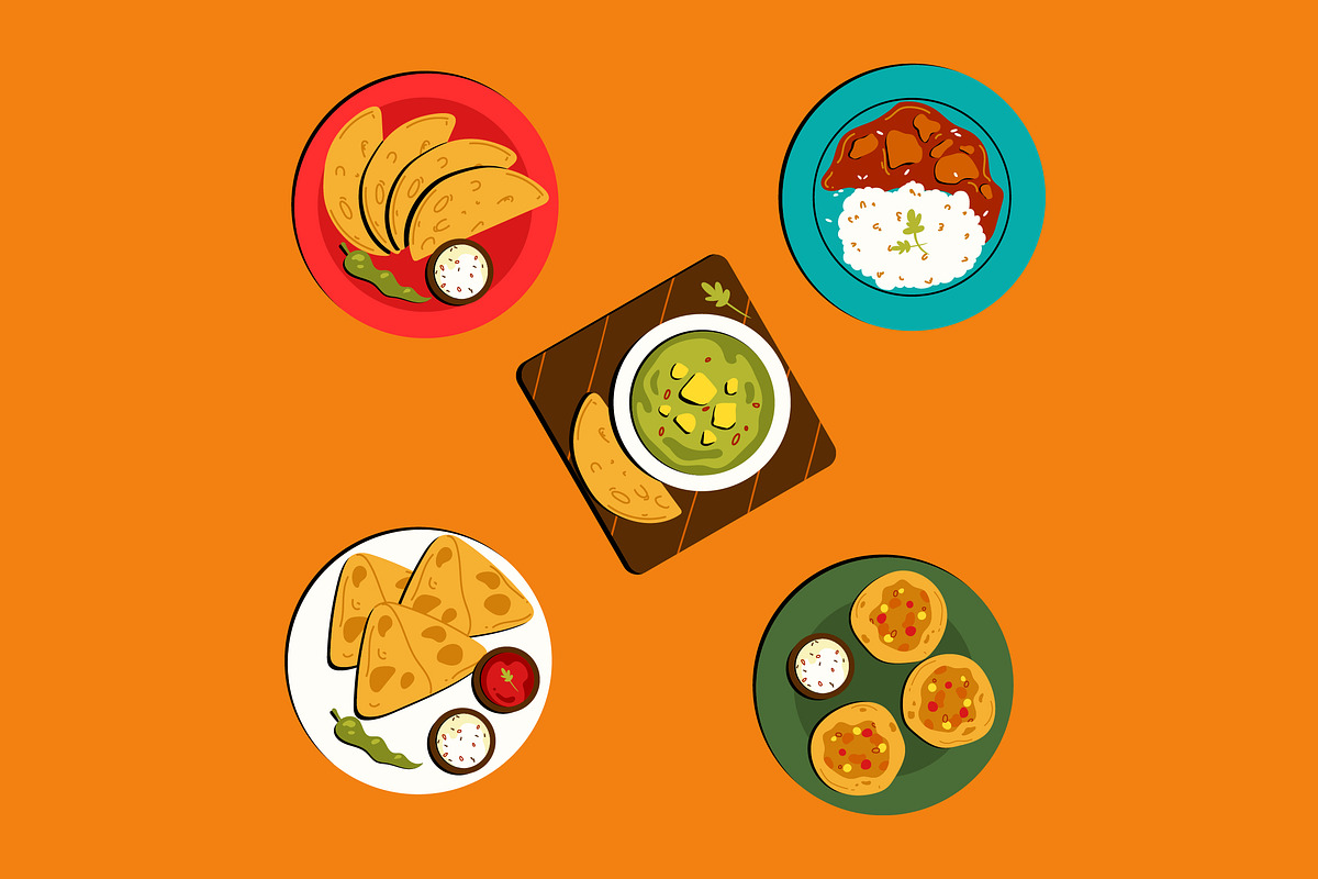 Flat Indian Food Asset Illustration, a Food Illustration by graphicook