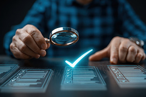 Man reviewing checklist using magnif, a Photo by Pixeness Studio
