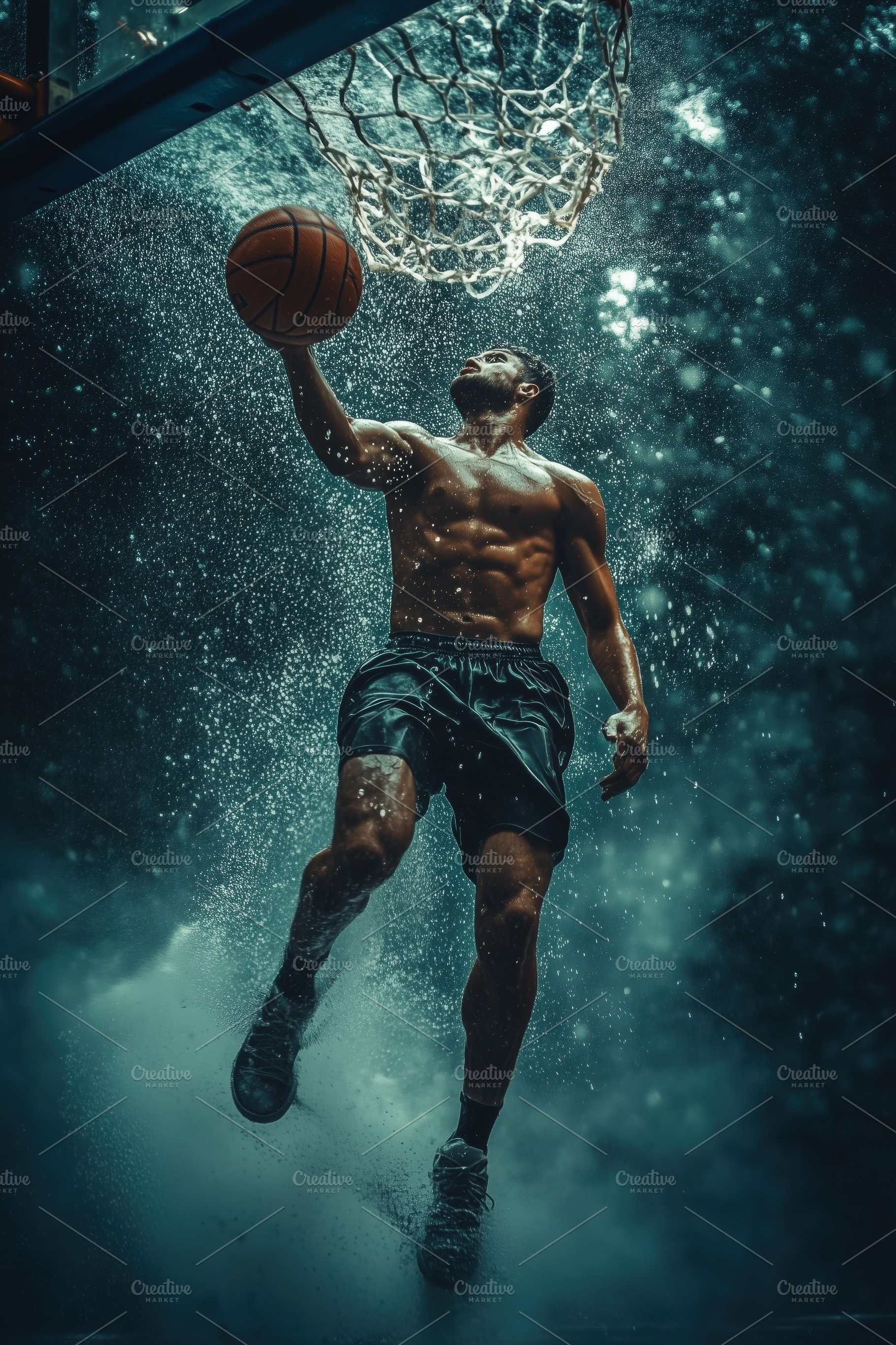 A muscular man performing a slam dunk in a dramatic underwater setting, with sp, a Person Photo by Textures & Backgrounds