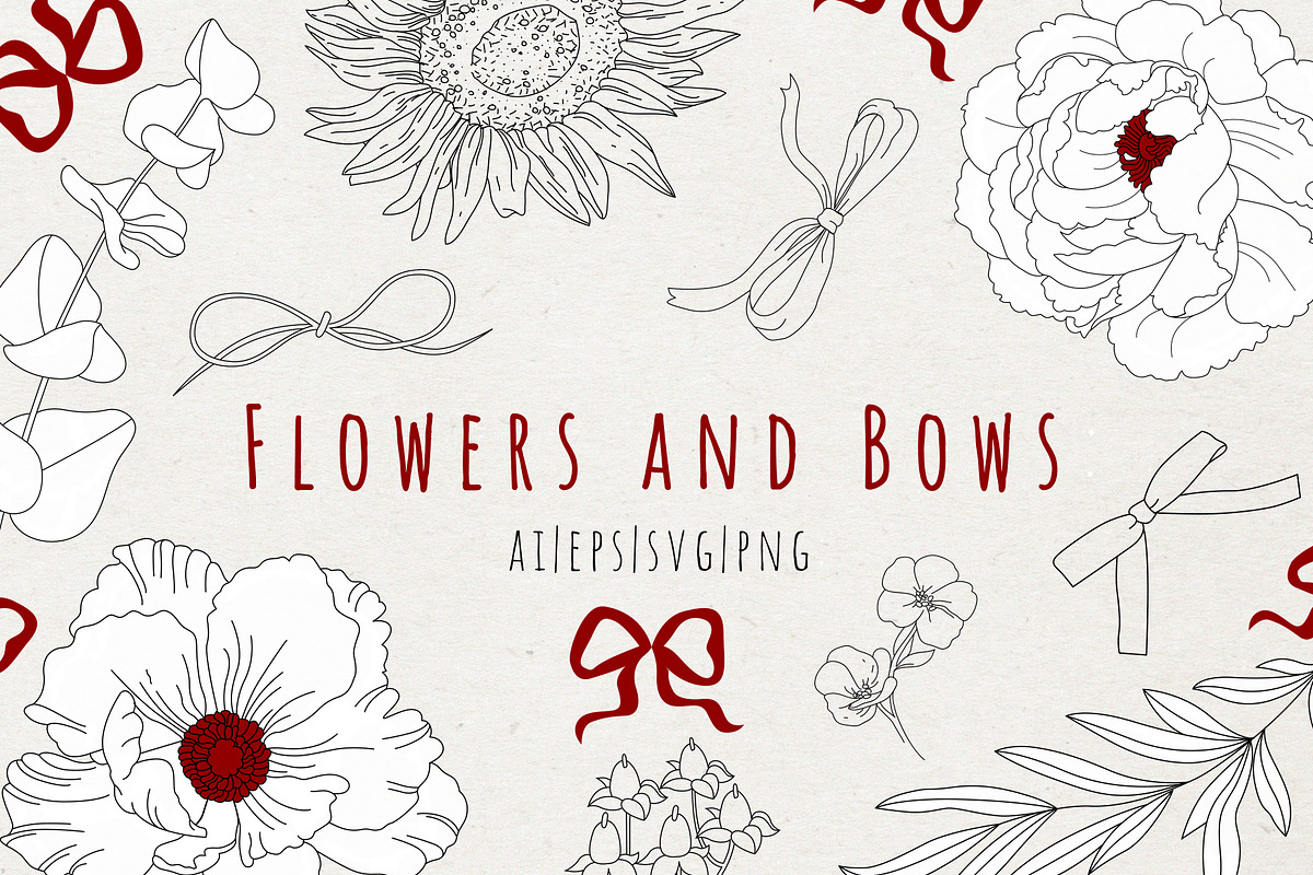 Flowers and Bows graphic line art, a Decorative Illustration by Nataly_is_Drawing (Photo 1 of 11)