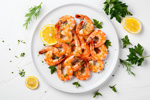 Fresh shrimps in plate on white background, a Food & Drink Photo by AlyaAnd