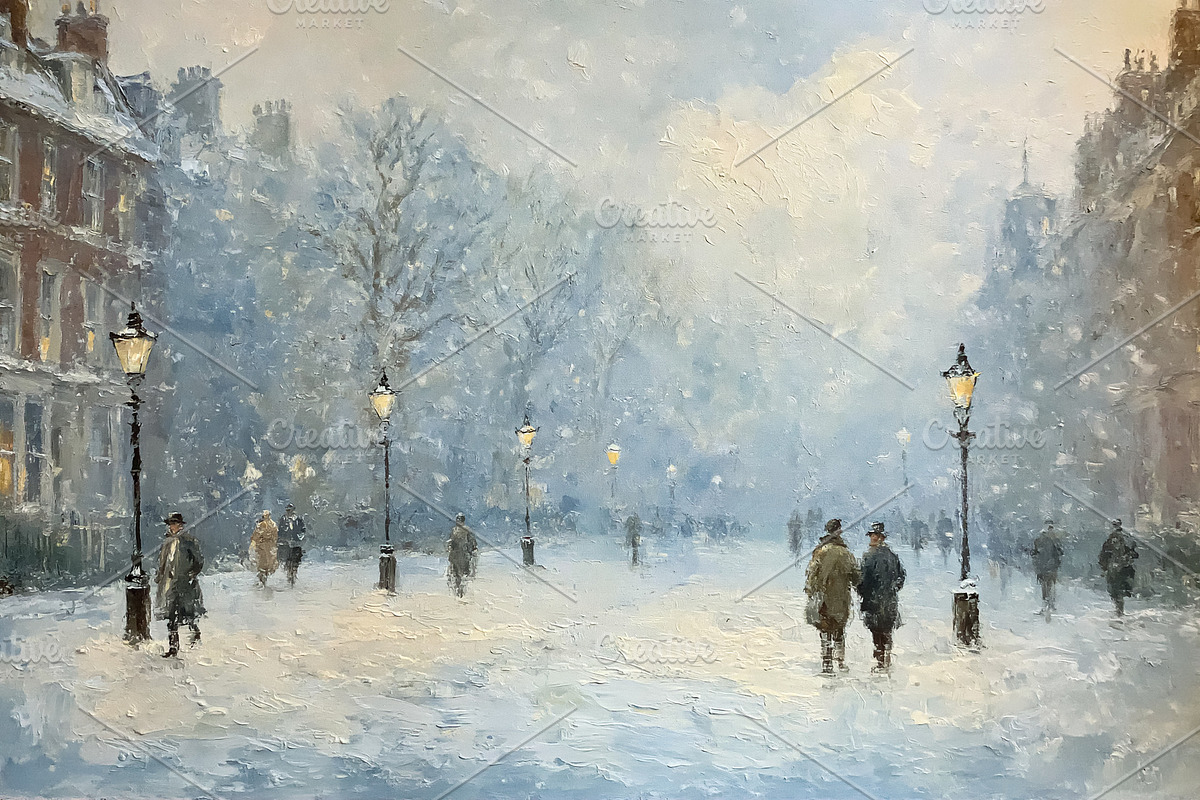 Oil painting of a snowy London street scene, people walking unde, an Illustration by Studio ANNA (Photo 2 of 2)