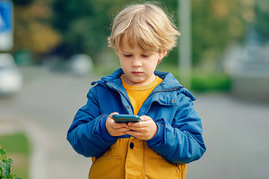 Young boy in blue and yellow jacket, a Technology Photo by MistyDay