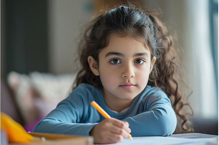 Arab girl is doing homework in, a School & Education Photo by Lermont51