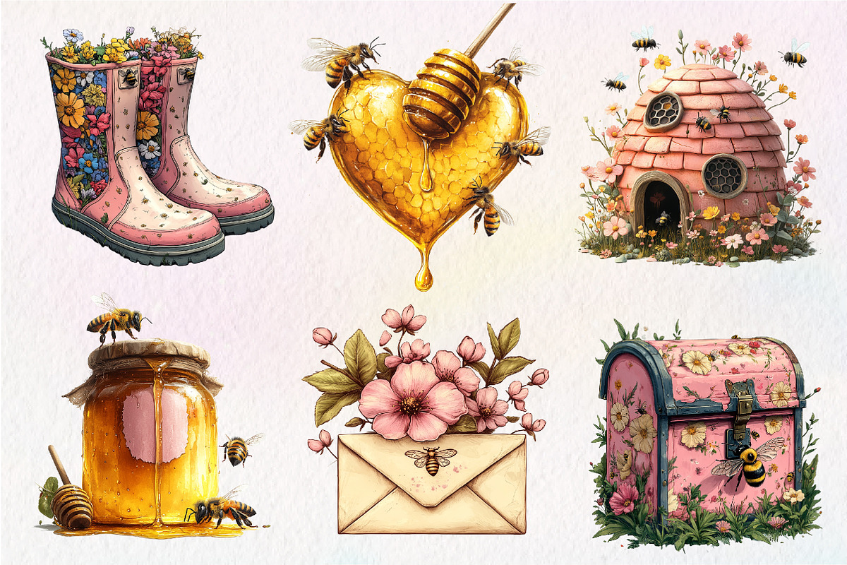 Pink Summer Bees Garden Clipart, an Illustration by CreationArt (Photo 3 of 9)