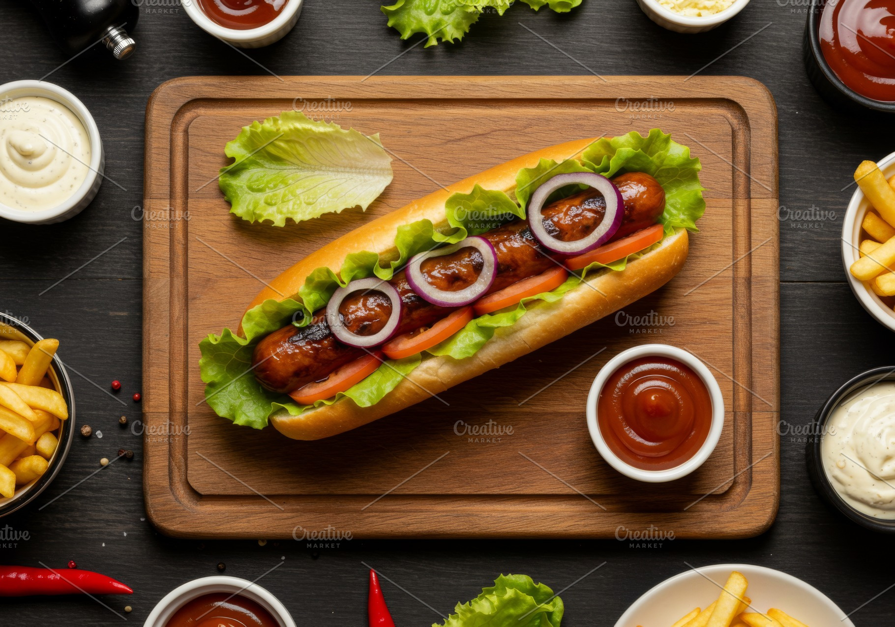 Hot dog with sausage, lettuce, tomat, a Food & Drink Photo by professorinc