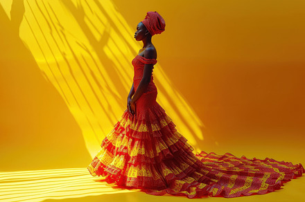African woman in a red dress on a yellow background with shadows, a Beauty & Fashion Photo by AS photostudio