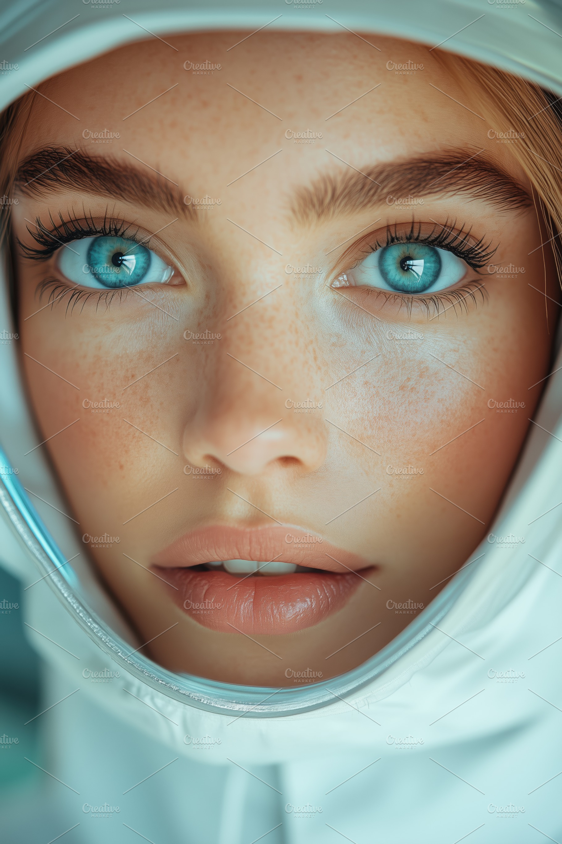 A close-up portrait of a young woman esthetic technologist with striking blue e, a Person Photo by Textures & Backgrounds