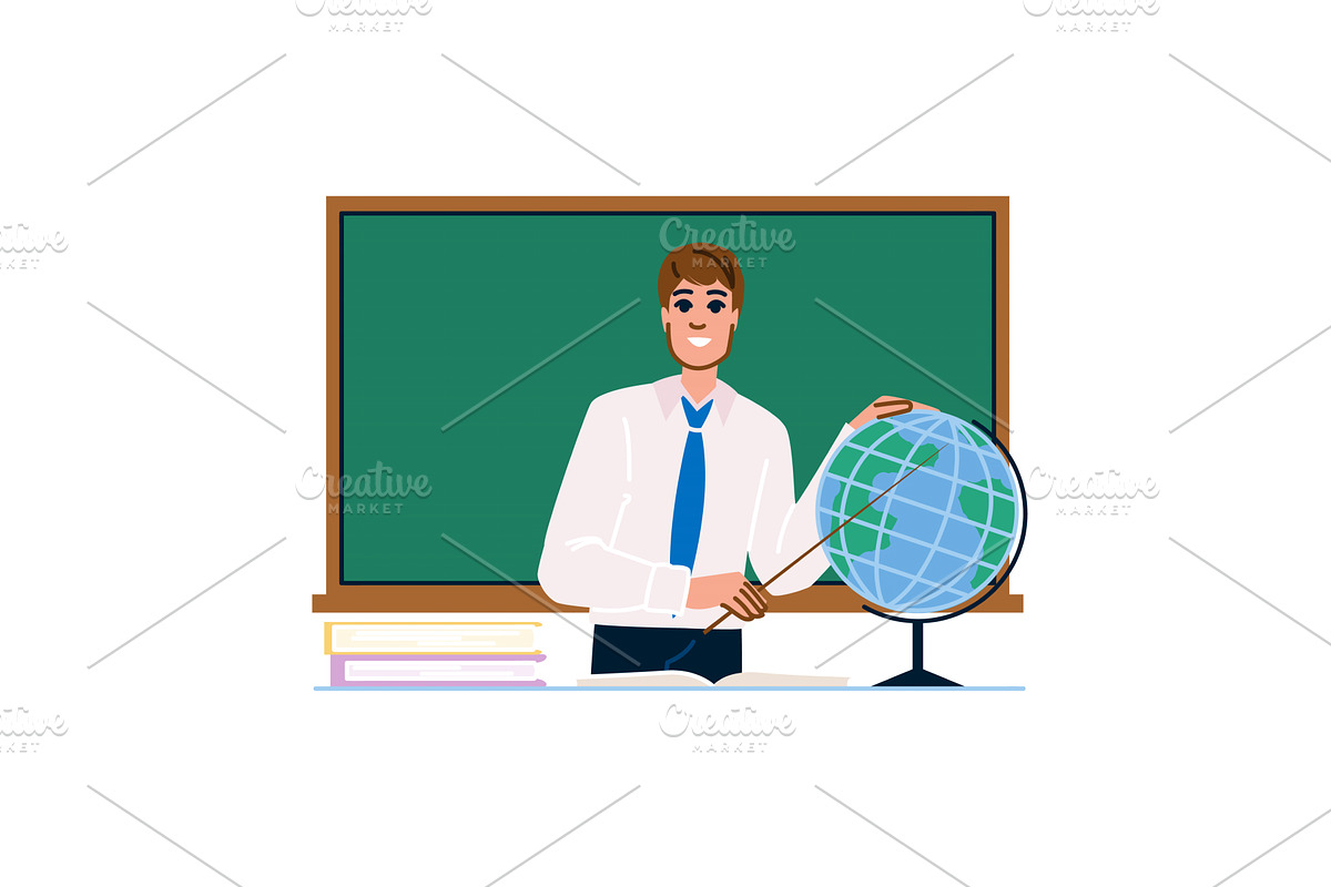 Geography teacher pointing at globe, an Education Illustration by pikepicture