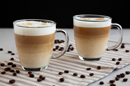 Homemade Latte Macchiato in Glasses, side view., a Food & Drink Photo by LiudmylaChuhunova