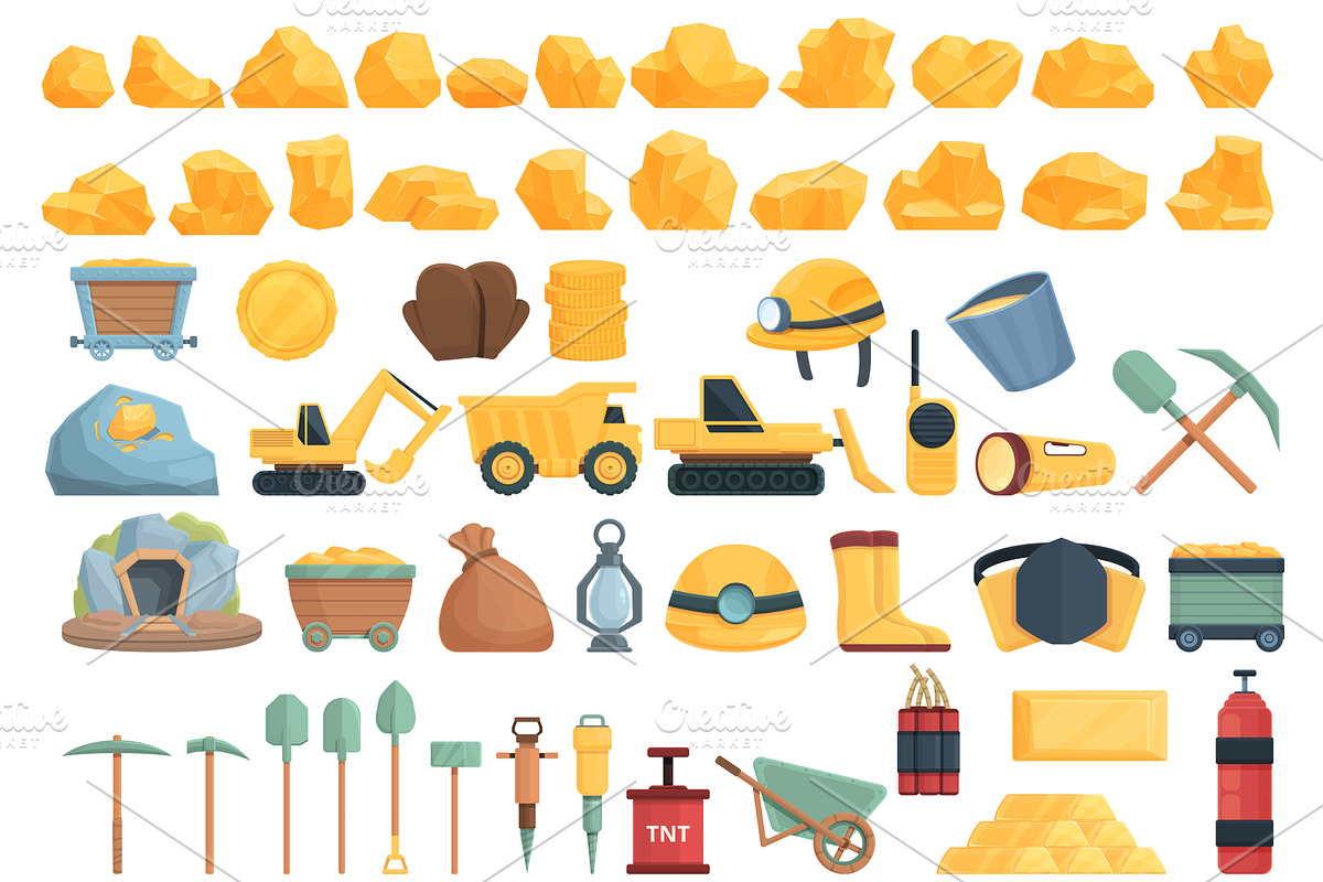 Gold mining icons set cartoon vector, an Illustration by Ylivdesign
