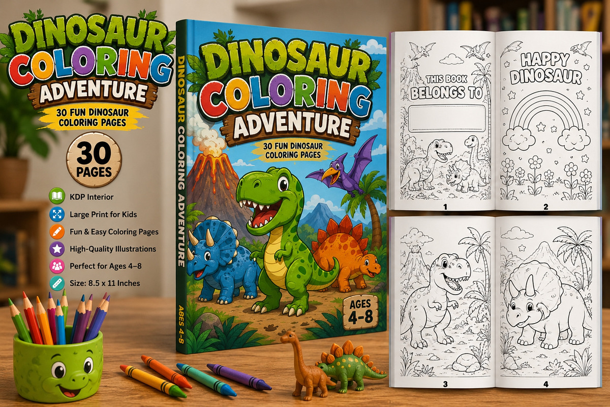 Dinosaur Coloring Adventure, a Stationery Template by Designmela01 (Photo 1 of 5)