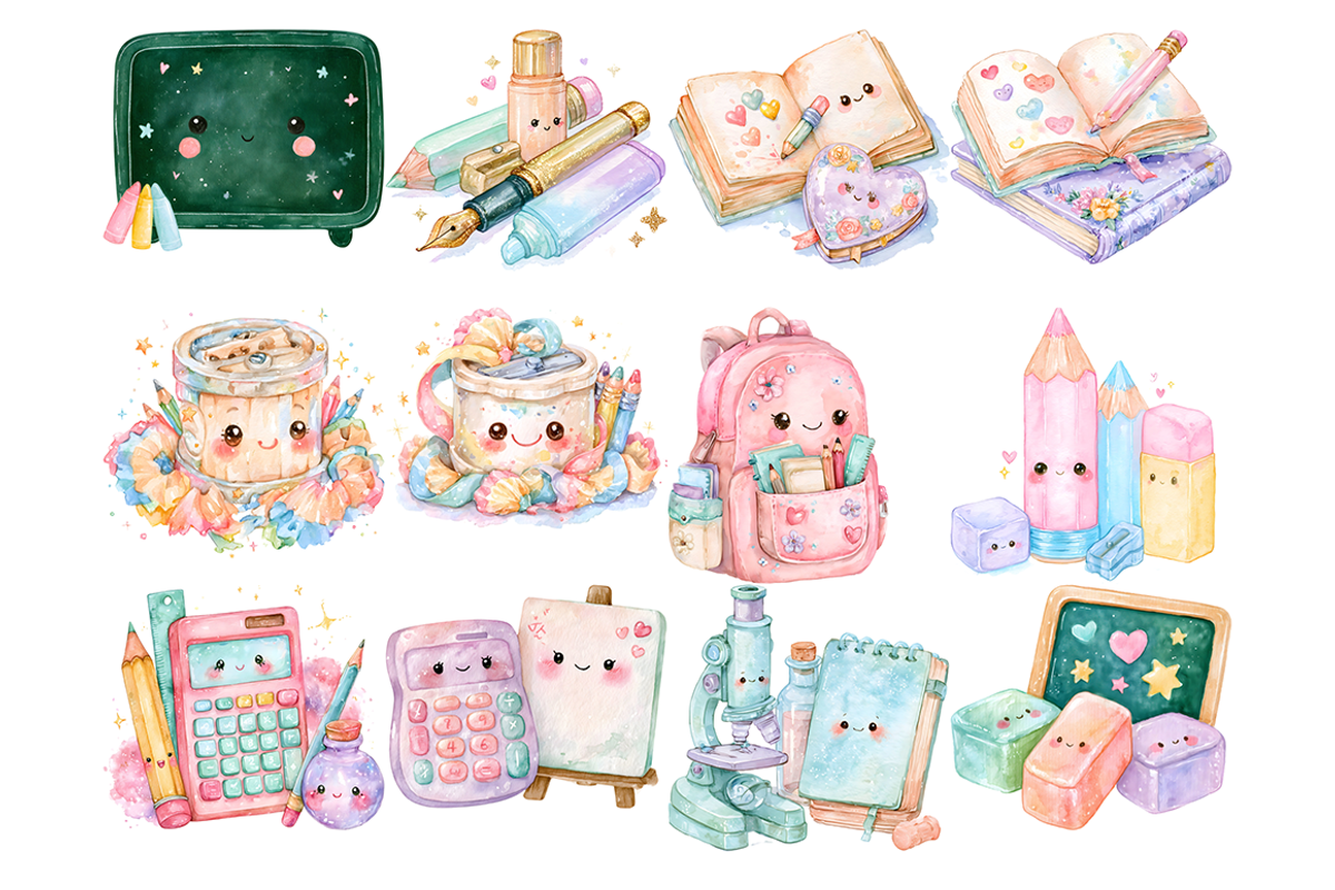 Watercolor School Supplies Clipart, a Decorative Illustration by stickermadness (Photo 2 of 4)