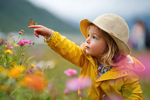 Child exploring a colorful garden, a Person Photo by AlyaAnd