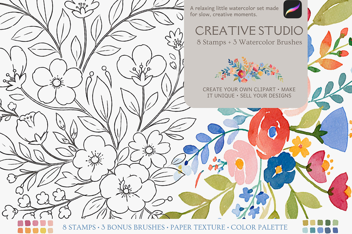 Procreate floral stamp & brush set, a Brush Add-On by Patishop Art (Photo 1 of 8)