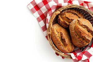 Flat lay of freshly different baked bread in basket with napkin on white backgr, a Food & Drink Photo by AlyaAnd