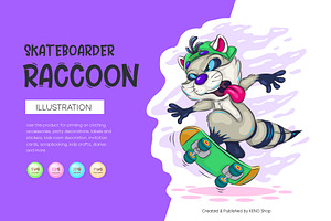 Cartoon raccoon skateboarder. Tshirt, an Animal Illustration by KENO Mascots