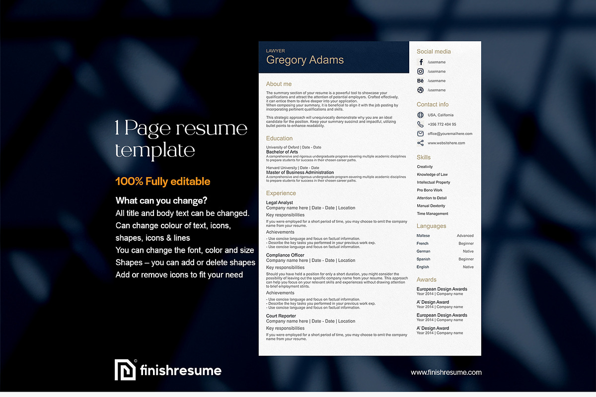 Lawyer resume template, a Resume Template by FinishResume (Photo 2 of 11)