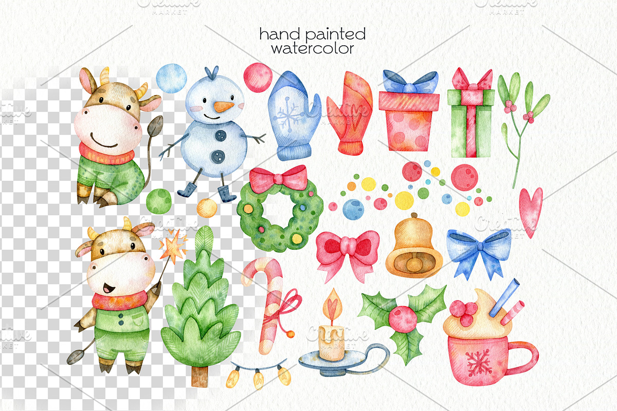 Watercolor Christmas Bulls Clipart, a Decorative Illustration by OllyKo Art (Photo 3 of 8)