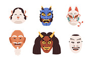 Japanese Noh theatrical masks set, a Decorative Illustration by Good Studio (Thumbnail 2 of 7)