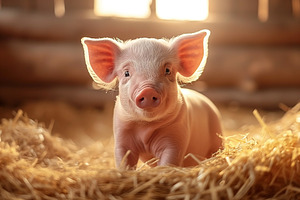 Cute pink piglet with big ears sitting on straw in a warm barn setting., an Animal Photo by ImageMir