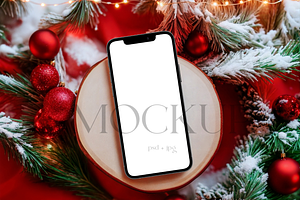 Christmas Phone Mockup Red Baubles, a Product Mockup by TatiMockup