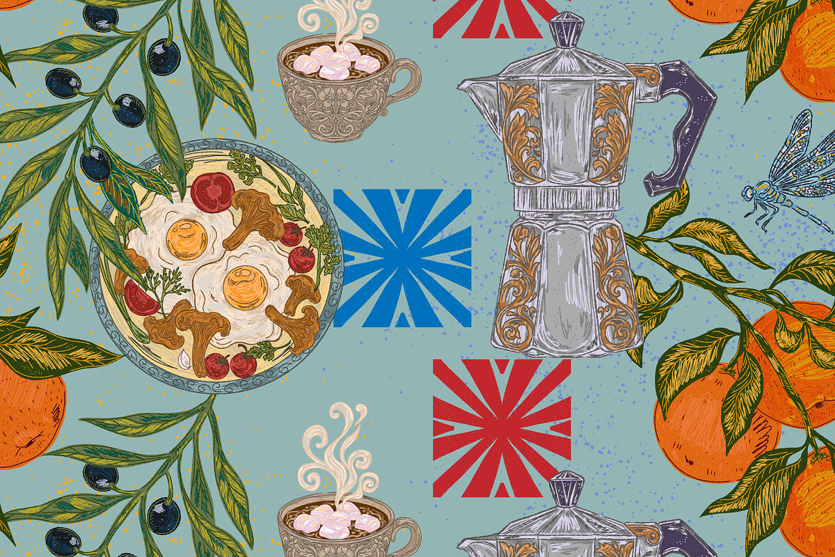 Mediterranean Breakfast Coffee Seaml, a Pattern Graphic by NayaChu (Photo 2 of 10)