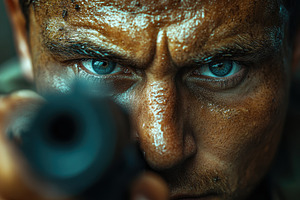 Intense close-up of soldier aiming f, a Photo by Tanuart