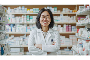 Asian female pharmacist standing, a Health & Medical Photo by Sergey Kotenev