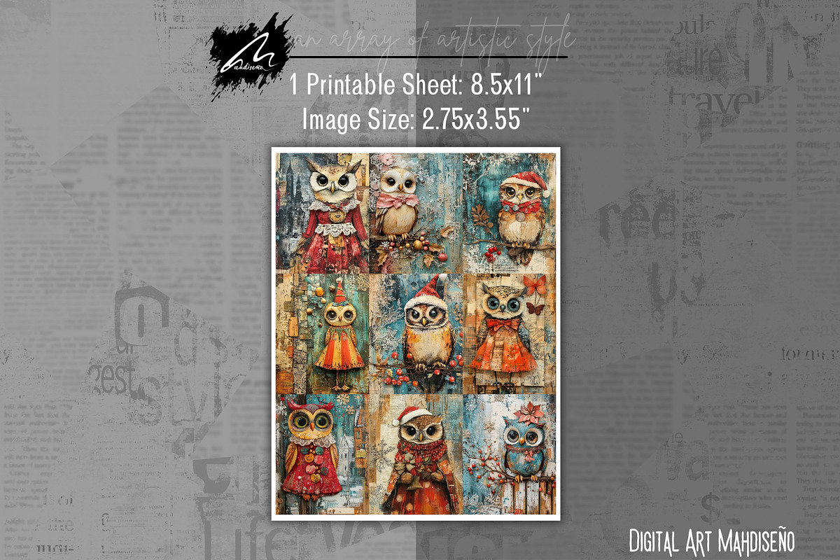 Cute Owl Xmas Junk Journal Pages, an Animal Illustration by Digital Art Mahdiseño (Photo 6 of 10)