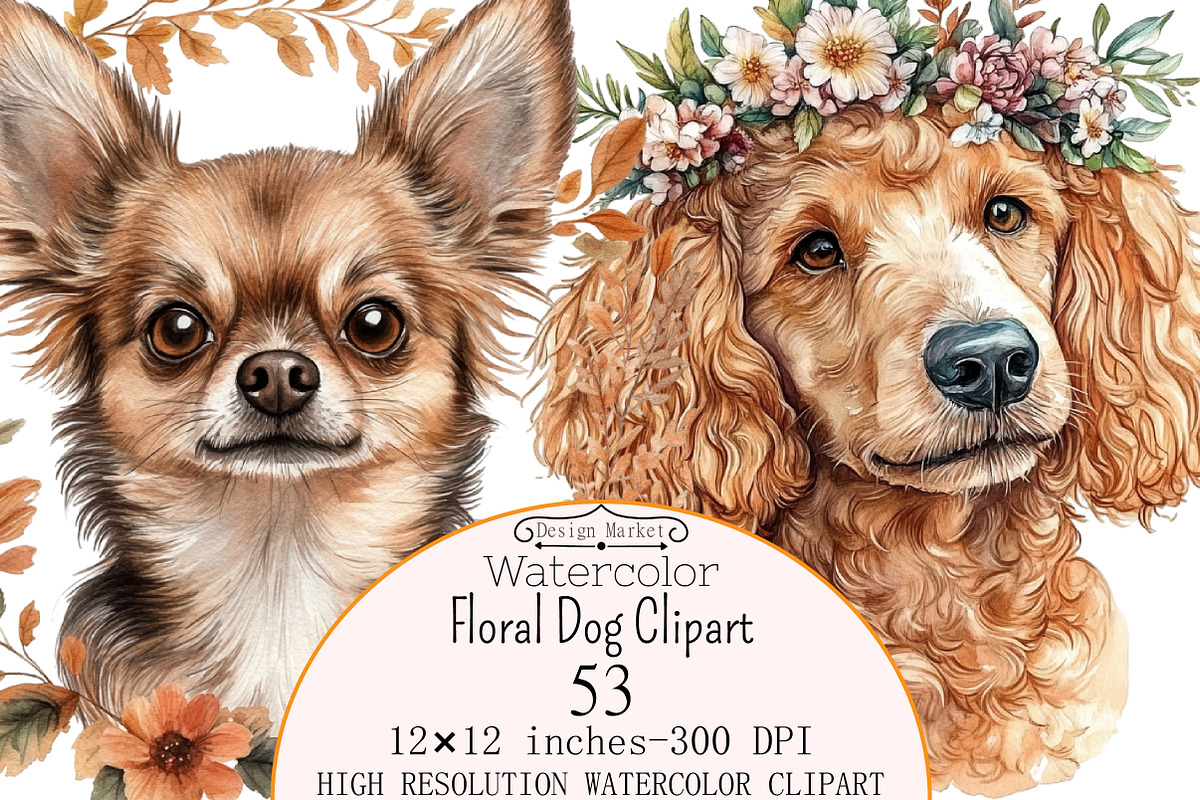 Watercolor Floral Dog Clipart, a Seasonal Illustration by Design Market (Photo 1 of 5)