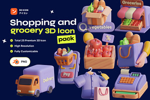 Shopping & Grocery 3D Icon Pack, a Food & Drink 3D Model by orenjidesign