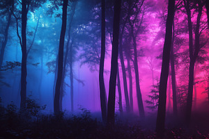 A mystical forest scene with tall trees shrouded in fog, illuminated by vibrant, a Photo by Textures & Backgrounds