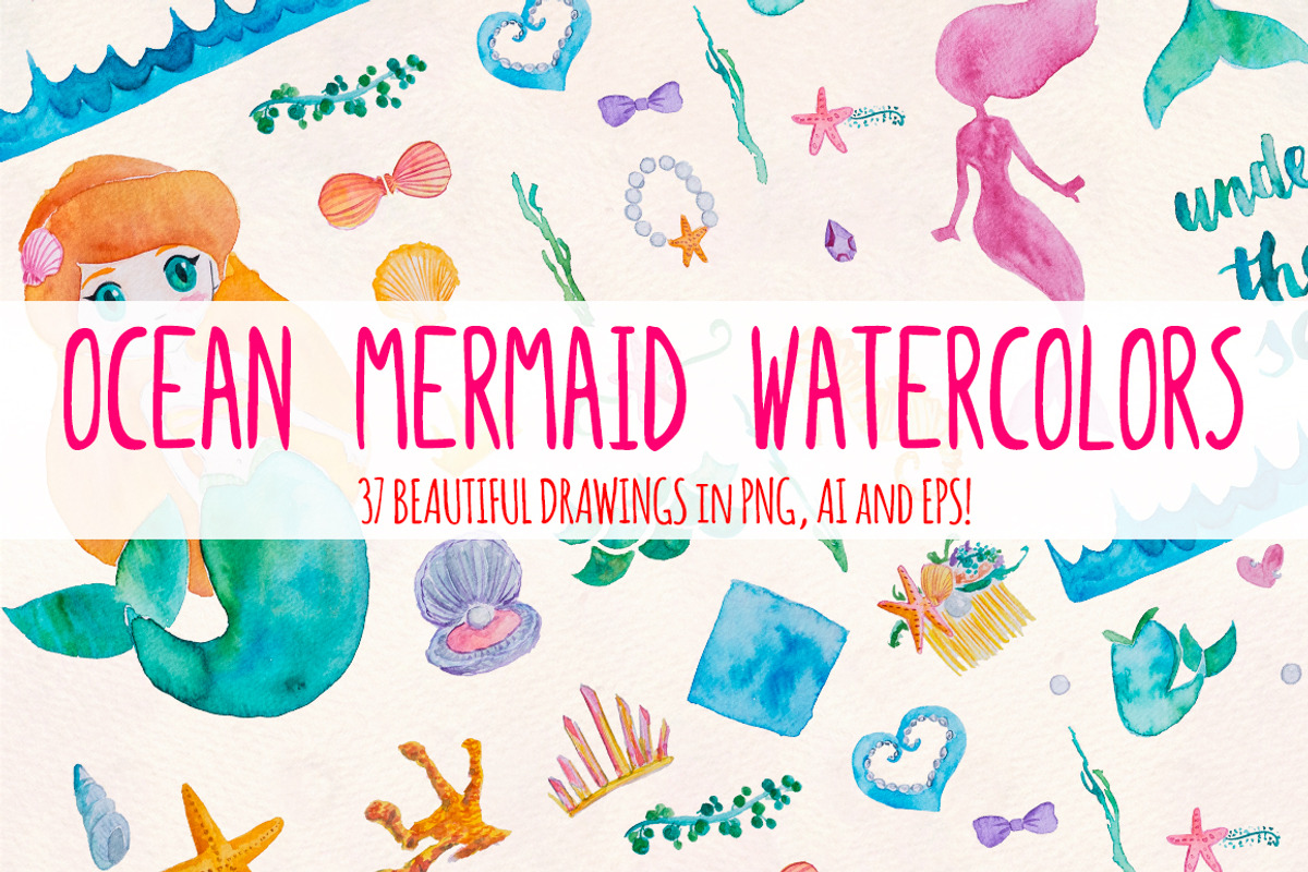 Mermaid and Ocean Watercolor Bundle, a Seasonal Illustration by Violet LeBeaux (Photo 2 of 3)