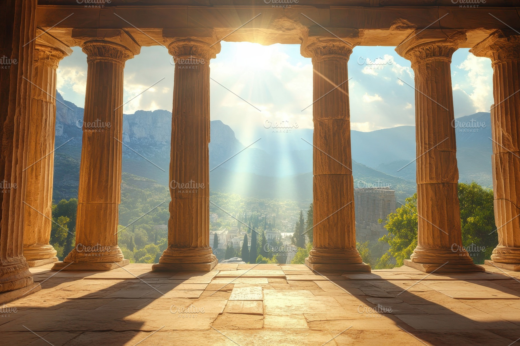 Sunlight streaming in Greek temple, a Photo by Pavel_design