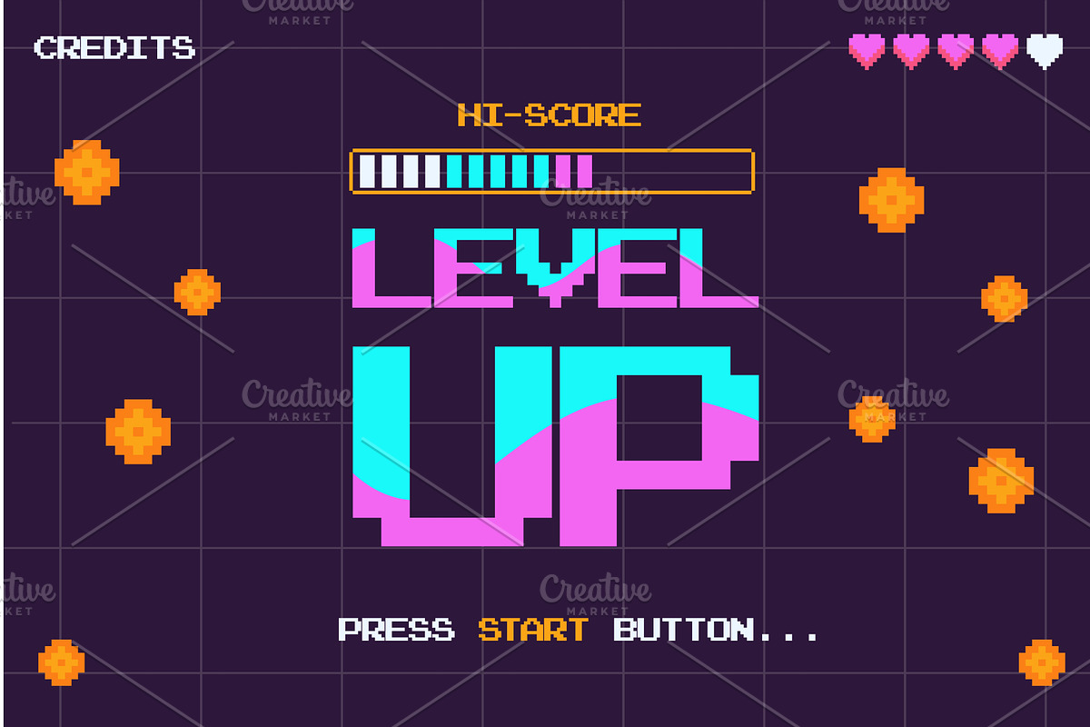 Level up screen. Retro pixel arcade, a Technology Illustration by Stock-Smart-Start