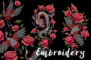 Embroidery. Dragon, Cranes, Roses