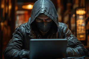 Mysterious figure working on laptop, a Photo by Tanuart
