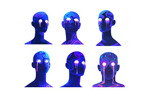 Neon blue alien portrait cartoon, a Technology Illustration by Onyx