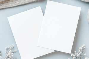 White blank cards template with cozy sweater and delicate winter flowers on a l, a Holiday Photo by Studio ANNA