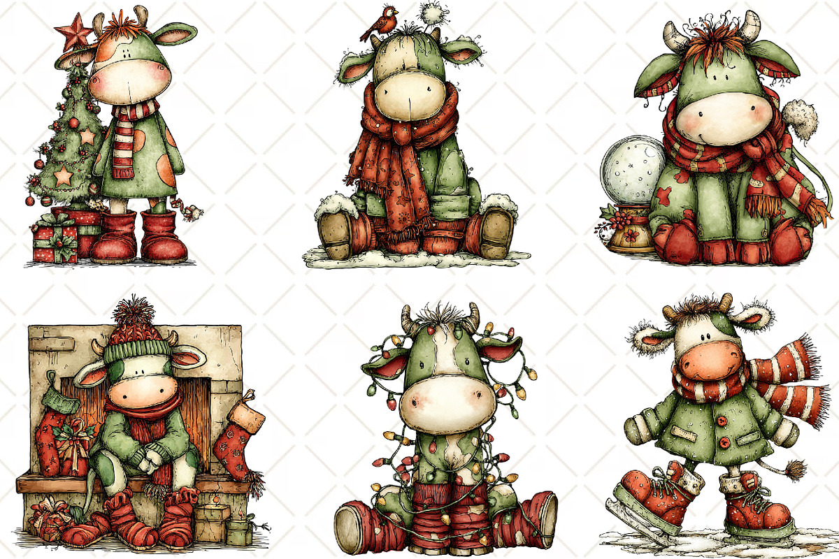 Whimsical Christmas Cow Clipart, an Illustration by Black Bird Studio (Photo 3 of 6)