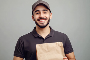 Man smiling while holding a package, a Photo by Beautiful things